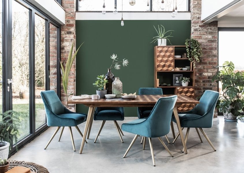 mango wood dining table with velvet dining chairs
