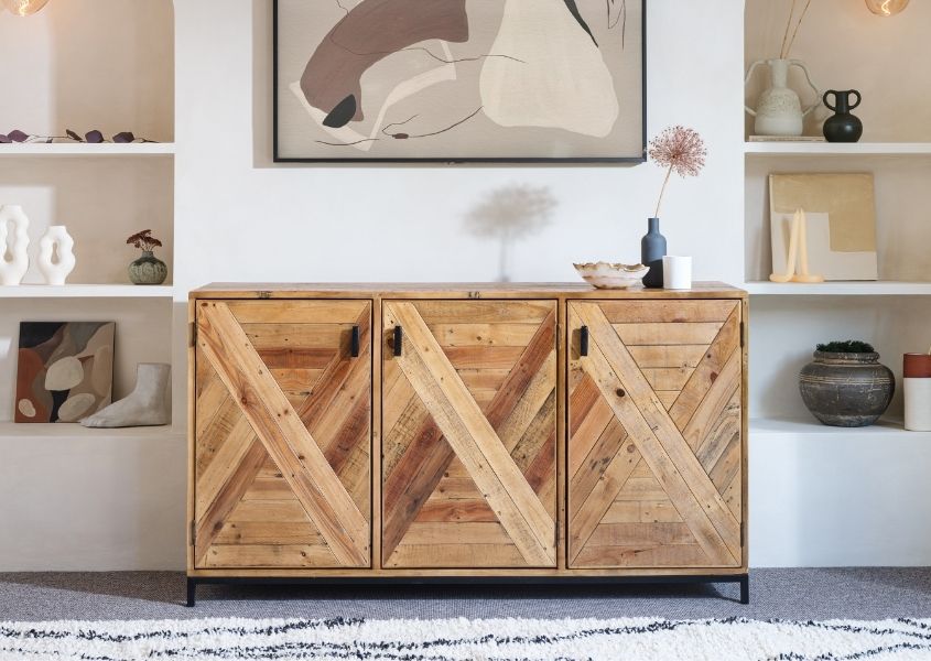 industrial sideboard with three cupboards and black metal handles