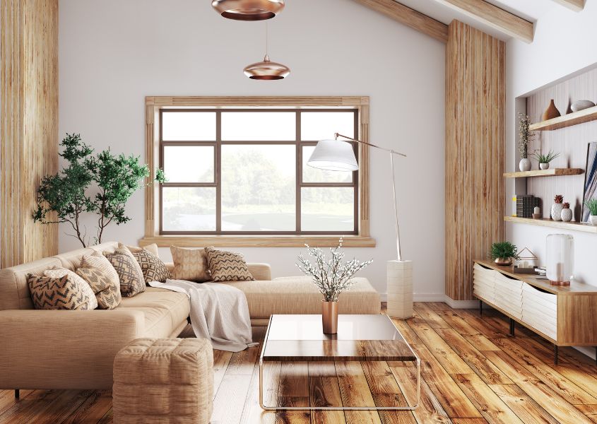 rustic living room with brown couch, wooden floor and rustic tv stand