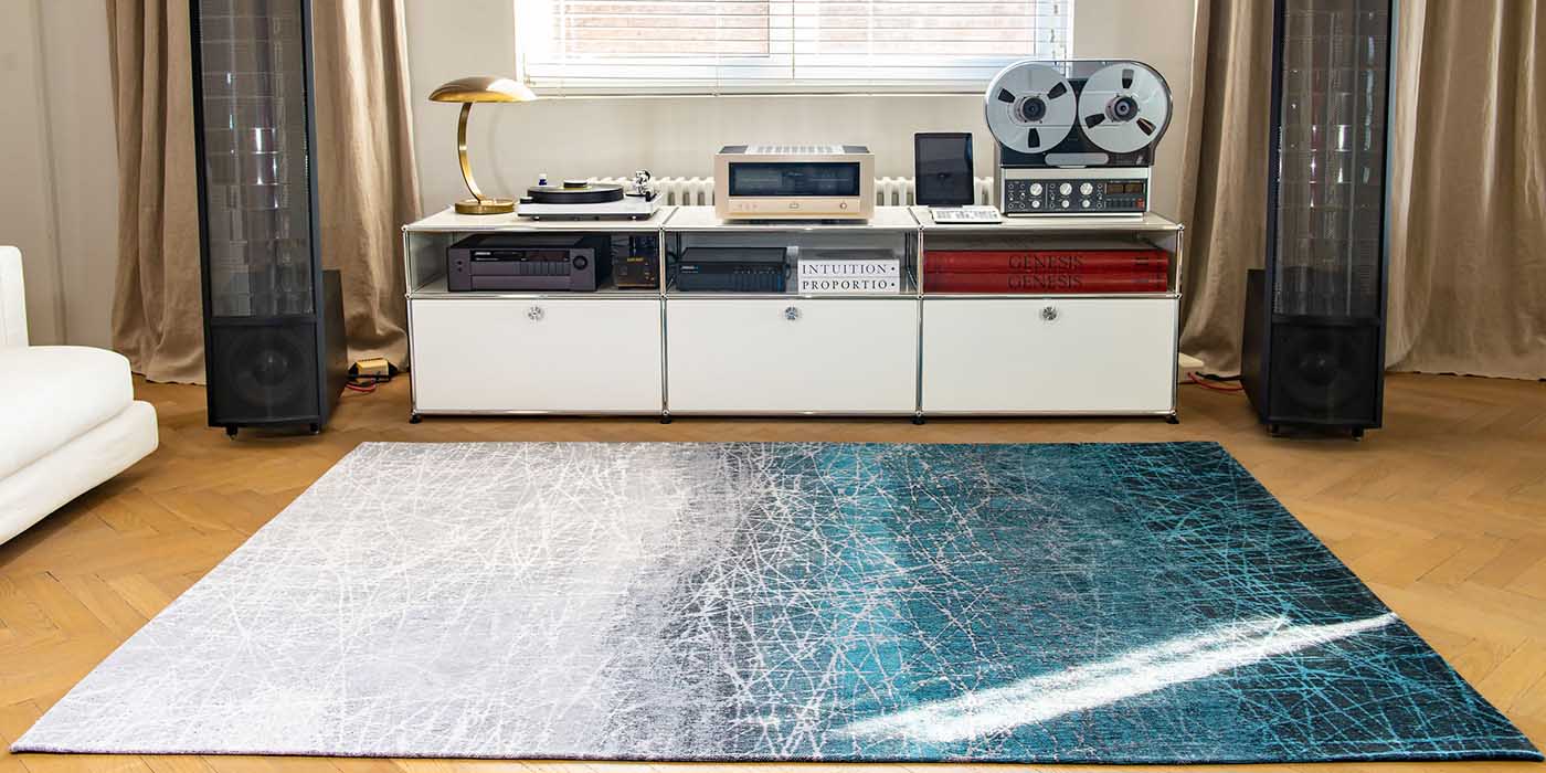 Louis de Poortere Mad Men Polar Vortex Blue Rug in Room