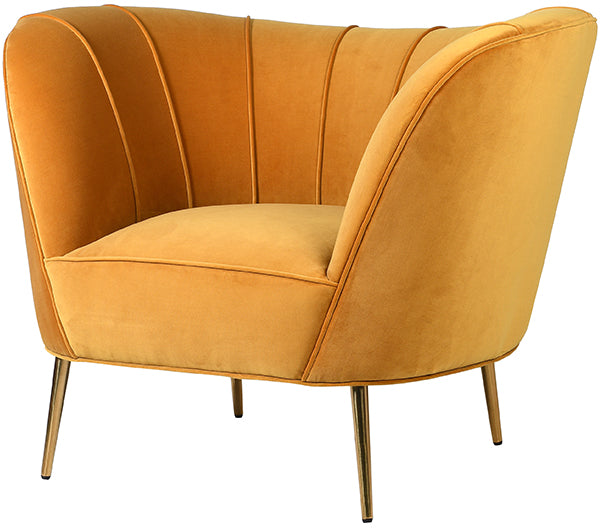 Mustard yellow velvet arm chair on gold coloured legs