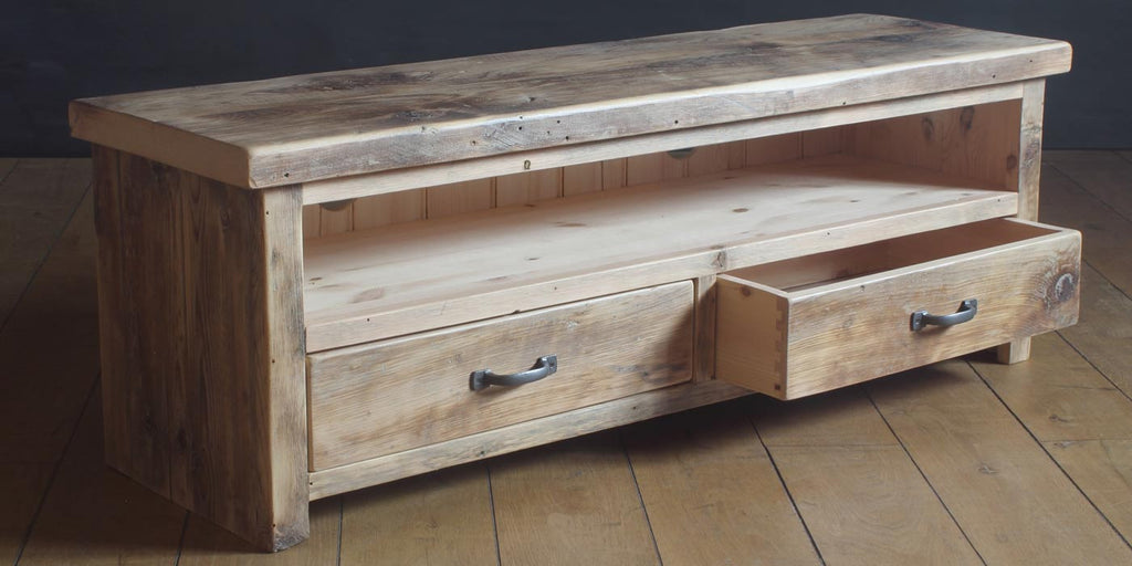 reclaimed wood tv unit with two drawers