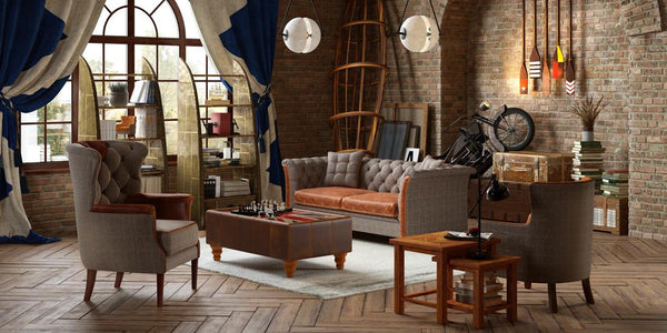 Brown Leather Coffee Table in Living Room with Armchair and Sofa