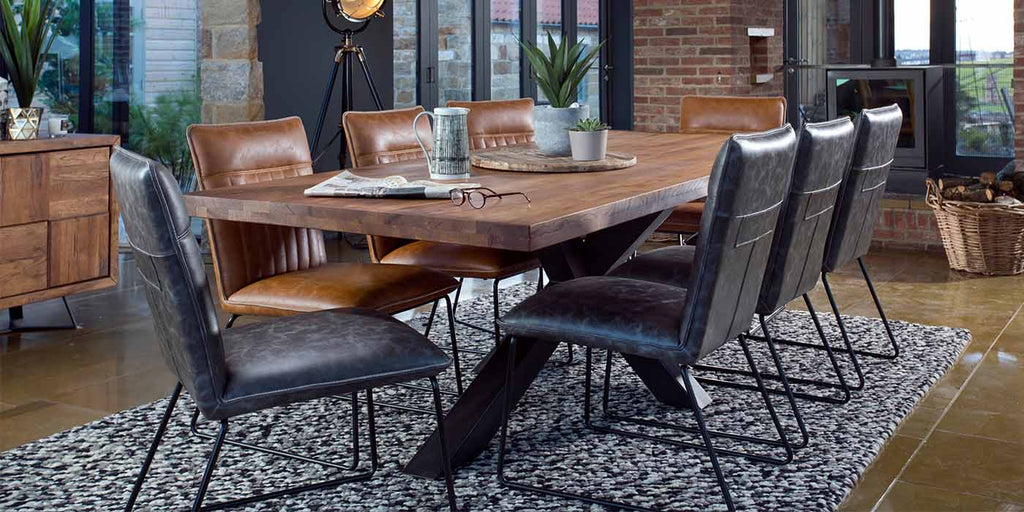 Mitcham Industrial Oak Spider Leg Dining Table and Grey Dining Chairs