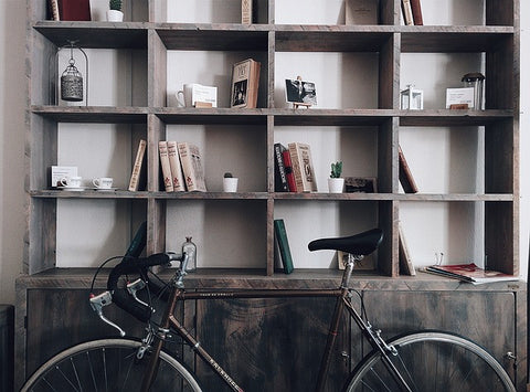 Bookcase display unit in living room with decoration details