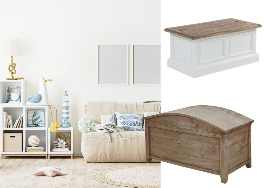 children's bedroom with wooden blanket box