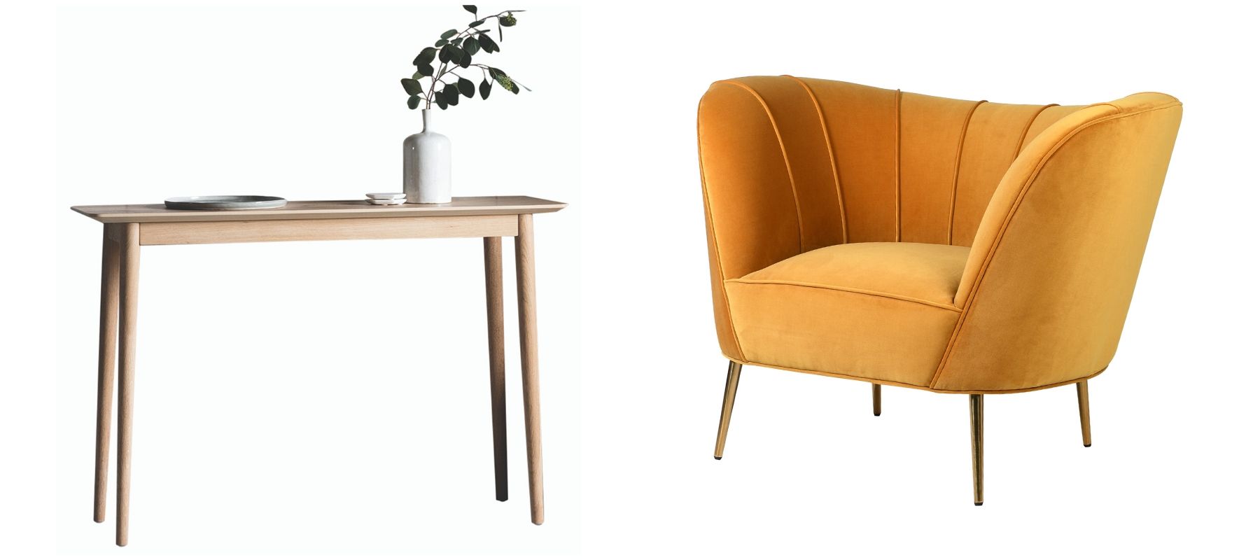 Light wood console table with yellow armchair