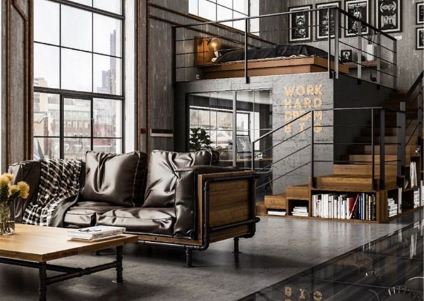 industrial living room with industrial sofa