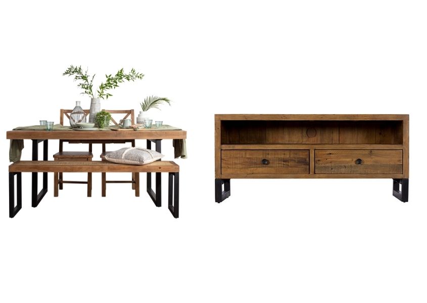 industrial dining table and reclaimed wood tv stand